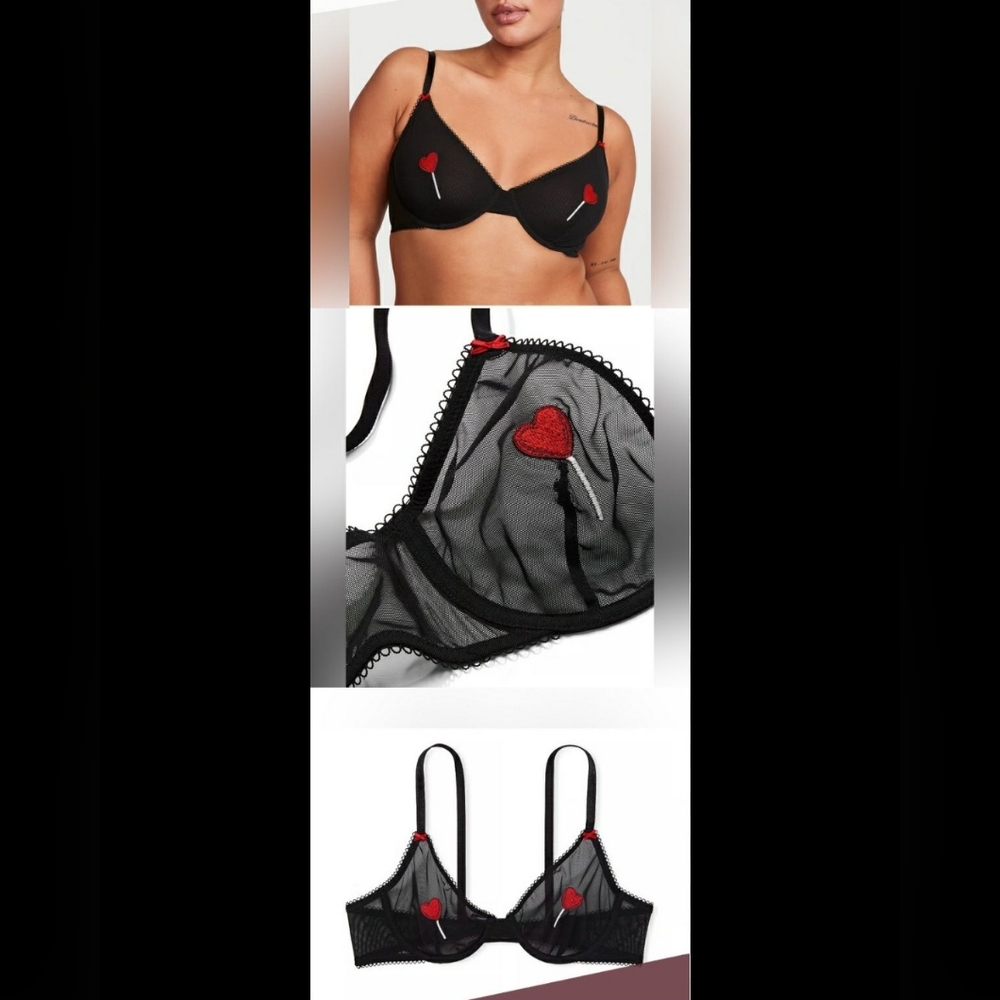 Victoria’s Secret TEASE Black Heart Lollipop Unlined Sheer Black Bra sz 34B NWT